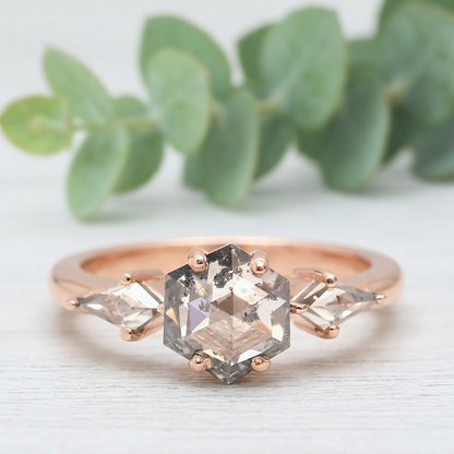 Hexagon Salt and Pepper Diamond Ring featuring a 1.51 CT natural salt and pepper hexagon cut diamond with galaxy-like inclusions, accented by kite-shaped diamond side stones in a modern geometric design with a straight 1.80 mm band in fine gold.