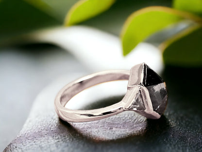 Hexagon Salt and Pepper Diamond Ring featuring a 2.07 CT natural hexagon cut salt and pepper diamond with galaxy-like inclusions, accented by triangle cut salt and pepper side stones in a rustic handmade contemporary design with a straight shank, created as an alternative engagement ring.
