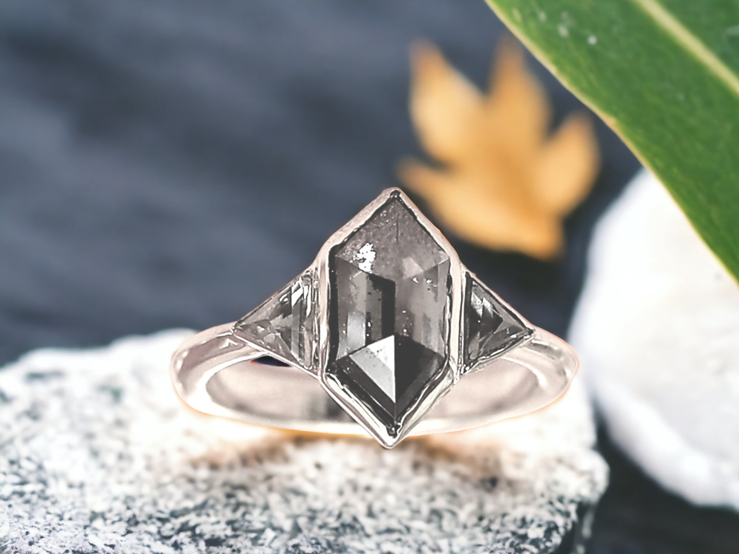 Hexagon Salt and Pepper Diamond Ring featuring a 2.07 CT natural hexagon cut salt and pepper diamond with galaxy-like inclusions, accented by triangle cut salt and pepper side stones in a rustic handmade contemporary design with a straight shank, created as an alternative engagement ring.