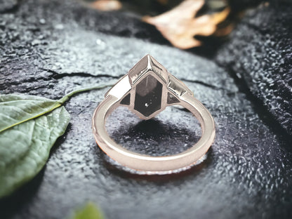 Hexagon Salt and Pepper Diamond Ring featuring a 2.07 CT natural hexagon cut salt and pepper diamond with galaxy-like inclusions, accented by triangle cut salt and pepper side stones in a rustic handmade contemporary design with a straight shank, created as an alternative engagement ring.