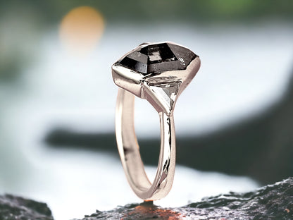 Hexagon Salt and Pepper Diamond Ring featuring a 2.07 CT natural hexagon cut salt and pepper diamond with galaxy-like inclusions, accented by triangle cut salt and pepper side stones in a rustic handmade contemporary design with a straight shank, created as an alternative engagement ring.