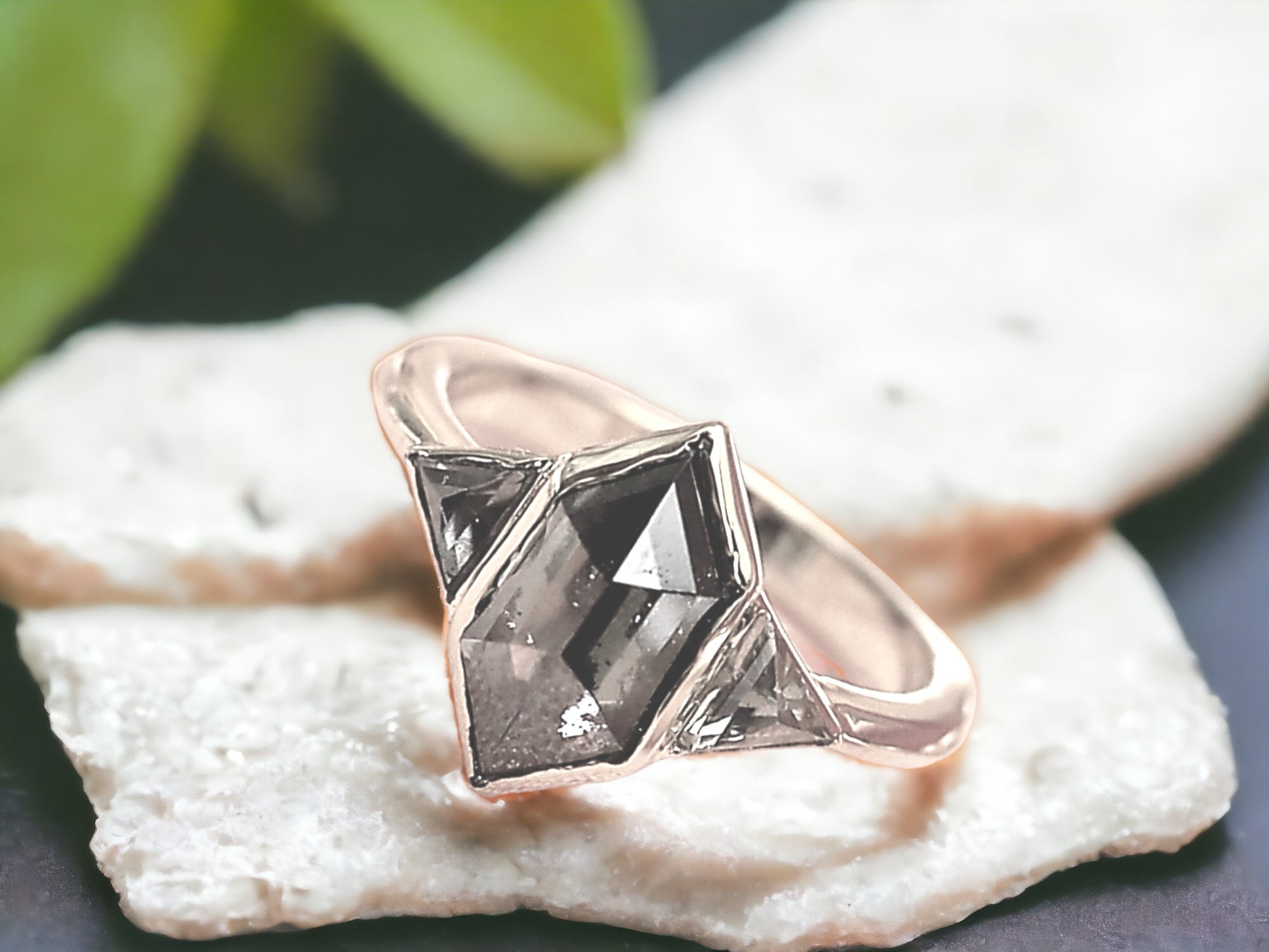 Hexagon Salt and Pepper Diamond Ring featuring a 2.07 CT natural hexagon cut salt and pepper diamond with galaxy-like inclusions, accented by triangle cut salt and pepper side stones in a rustic handmade contemporary design with a straight shank, created as an alternative engagement ring.