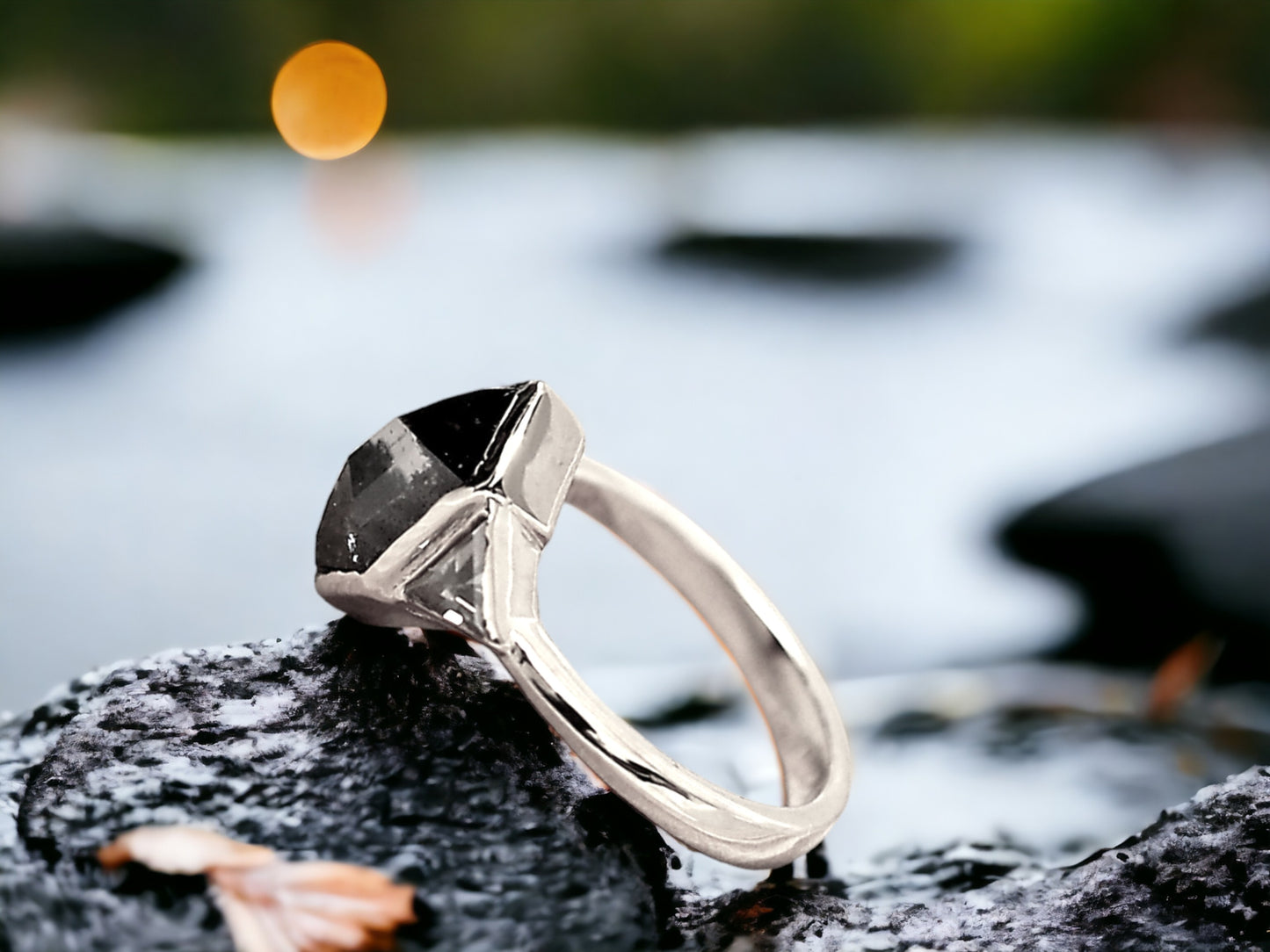 Hexagon Salt and Pepper Diamond Ring featuring a 2.07 CT natural hexagon cut salt and pepper diamond with galaxy-like inclusions, accented by triangle cut salt and pepper side stones in a rustic handmade contemporary design with a straight shank, created as an alternative engagement ring.