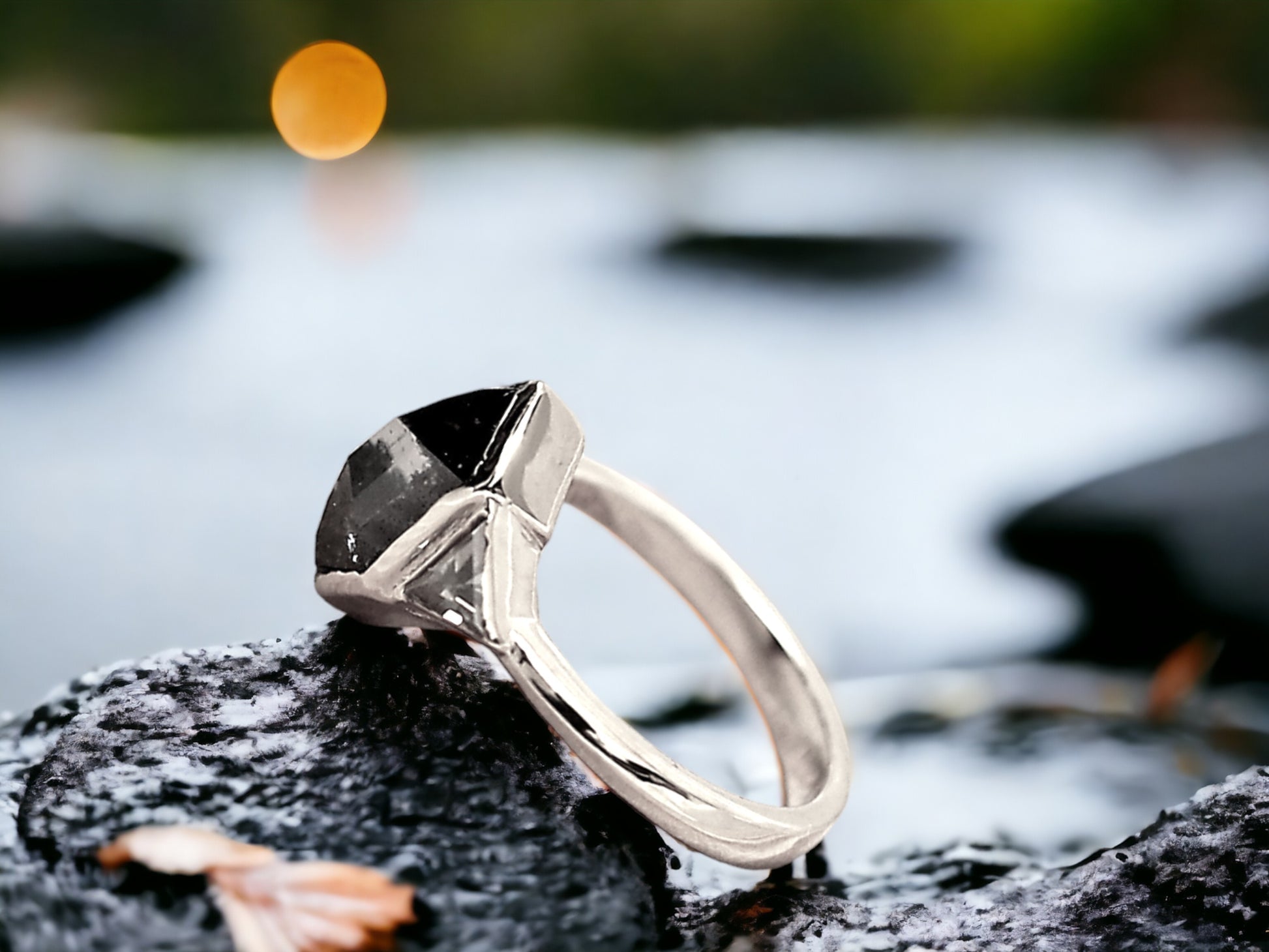 Hexagon Salt and Pepper Diamond Ring featuring a 2.07 CT natural hexagon cut salt and pepper diamond with galaxy-like inclusions, accented by triangle cut salt and pepper side stones in a rustic handmade contemporary design with a straight shank, created as an alternative engagement ring.