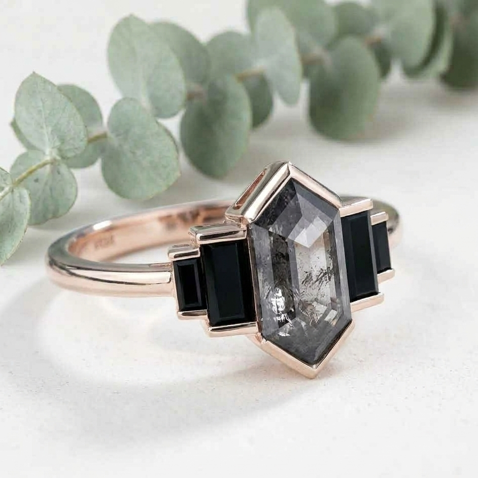 Hexagon Salt and Pepper Diamond Ring featuring a natural 5.10 mm hexagon cut salt and pepper diamond with organic inclusions, accented by black baguette cut diamonds in a contemporary geometric design with a slim straight shank band.