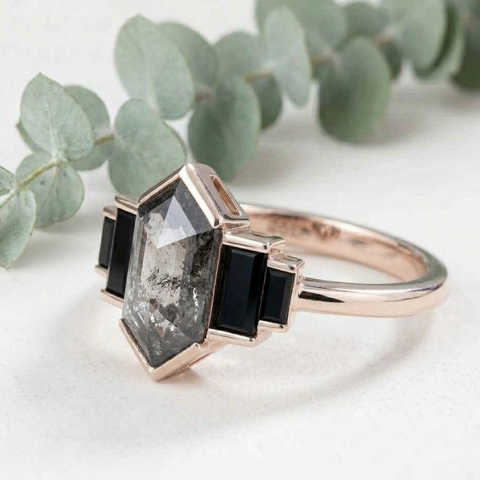 Hexagon Salt and Pepper Diamond Ring featuring a natural 5.10 mm hexagon cut salt and pepper diamond with organic inclusions, accented by black baguette cut diamonds in a contemporary geometric design with a slim straight shank band.