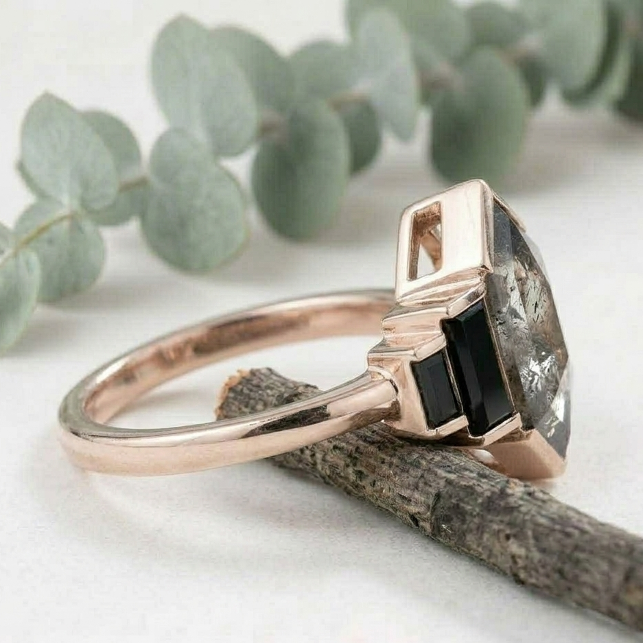Hexagon Salt and Pepper Diamond Ring featuring a natural 5.10 mm hexagon cut salt and pepper diamond with organic inclusions, accented by black baguette cut diamonds in a contemporary geometric design with a slim straight shank band.