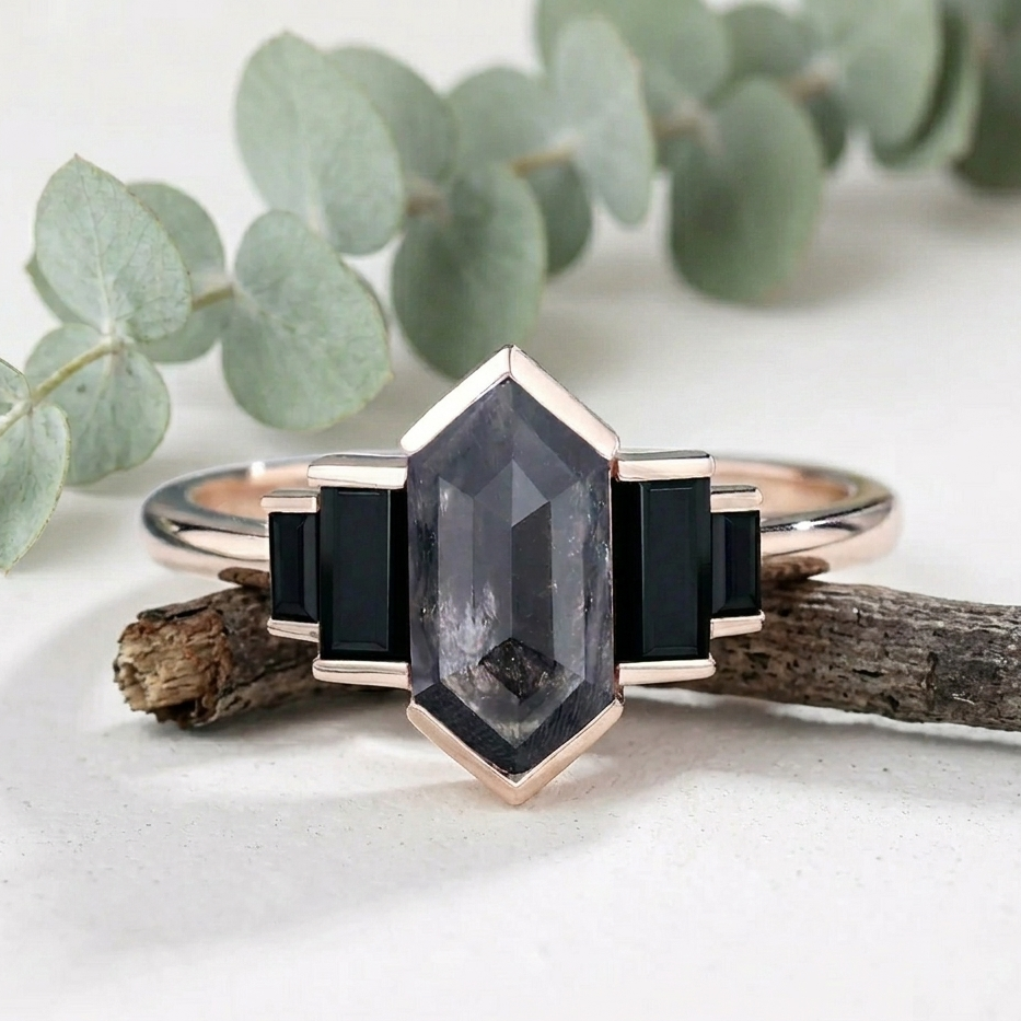 Hexagon Salt and Pepper Diamond Ring featuring a natural 5.10 mm hexagon cut salt and pepper diamond with organic inclusions, accented by black baguette cut diamonds in a contemporary geometric design with a slim straight shank band.
