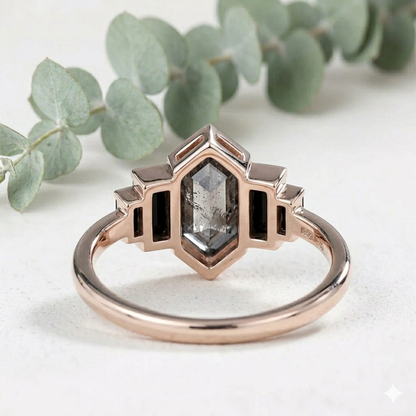 Hexagon Salt and Pepper Diamond Ring featuring a natural 5.10 mm hexagon cut salt and pepper diamond with organic inclusions, accented by black baguette cut diamonds in a contemporary geometric design with a slim straight shank band.