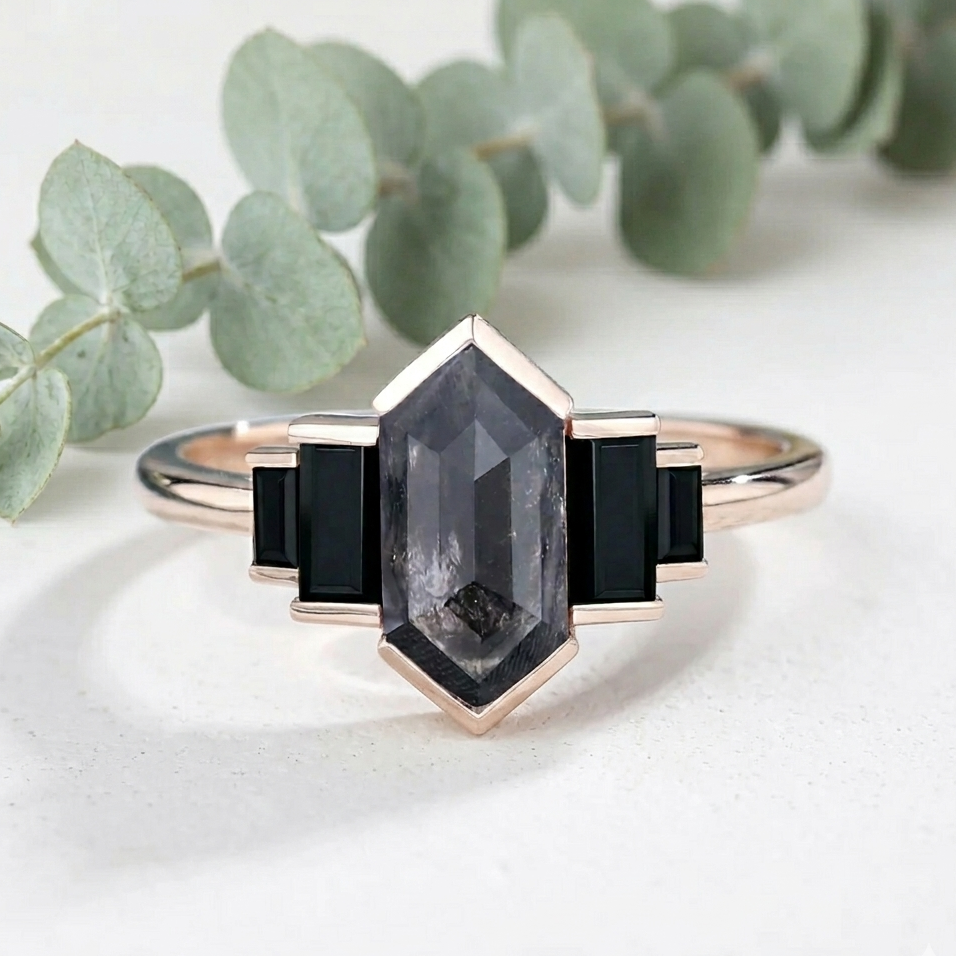 Hexagon Salt and Pepper Diamond Ring featuring a striking gray center stone with baguette accents for a bold geometric look.