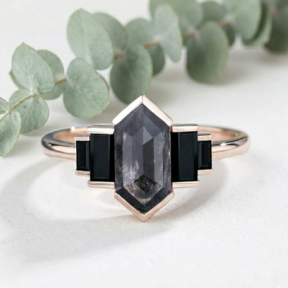 Hexagon Salt and Pepper Diamond Ring featuring a striking gray center stone with baguette accents for a bold geometric look.