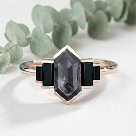 Hexagon Salt and Pepper Diamond Ring featuring a striking gray center stone with baguette accents for a bold geometric look.