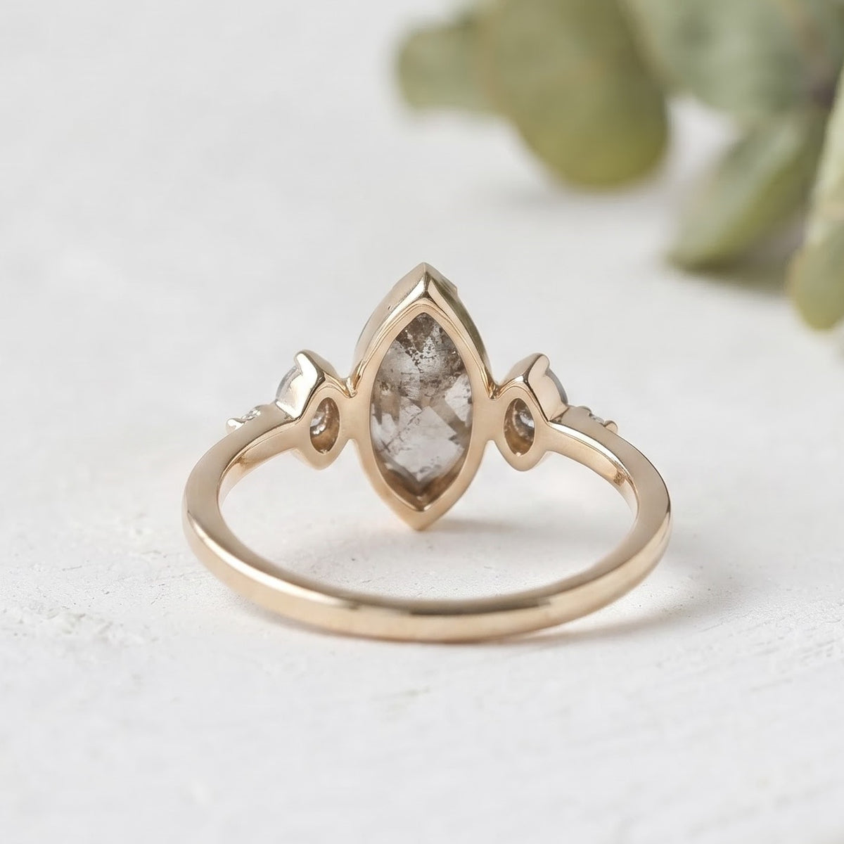 Marquise Salt and Pepper Diamond Bezel Ring Unique Handmade Ring