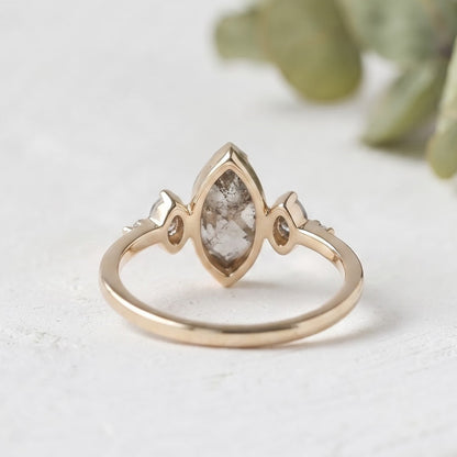 Marquise Salt and Pepper Diamond Bezel Ring Unique Handmade Ring