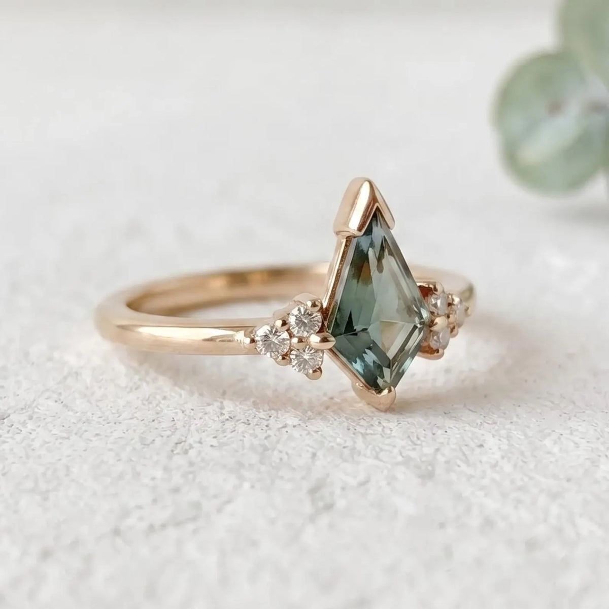 Kite Green Sapphire Ring Diamond Accent Band Handmade Alternative Bridal Ring