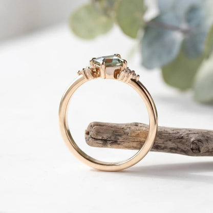 Kite Green Sapphire Ring Diamond Accent Band Handmade Alternative Bridal Ring