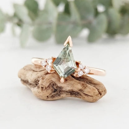 Kite Green Sapphire Ring Diamond Accent Band Handmade Alternative Bridal Ring