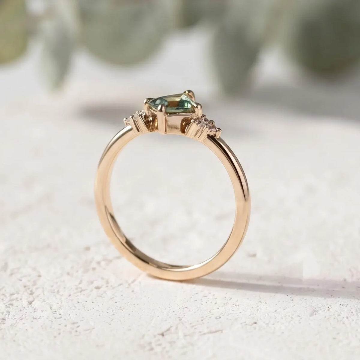 Kite Green Sapphire Ring Diamond Accent Band Handmade Alternative Bridal Ring