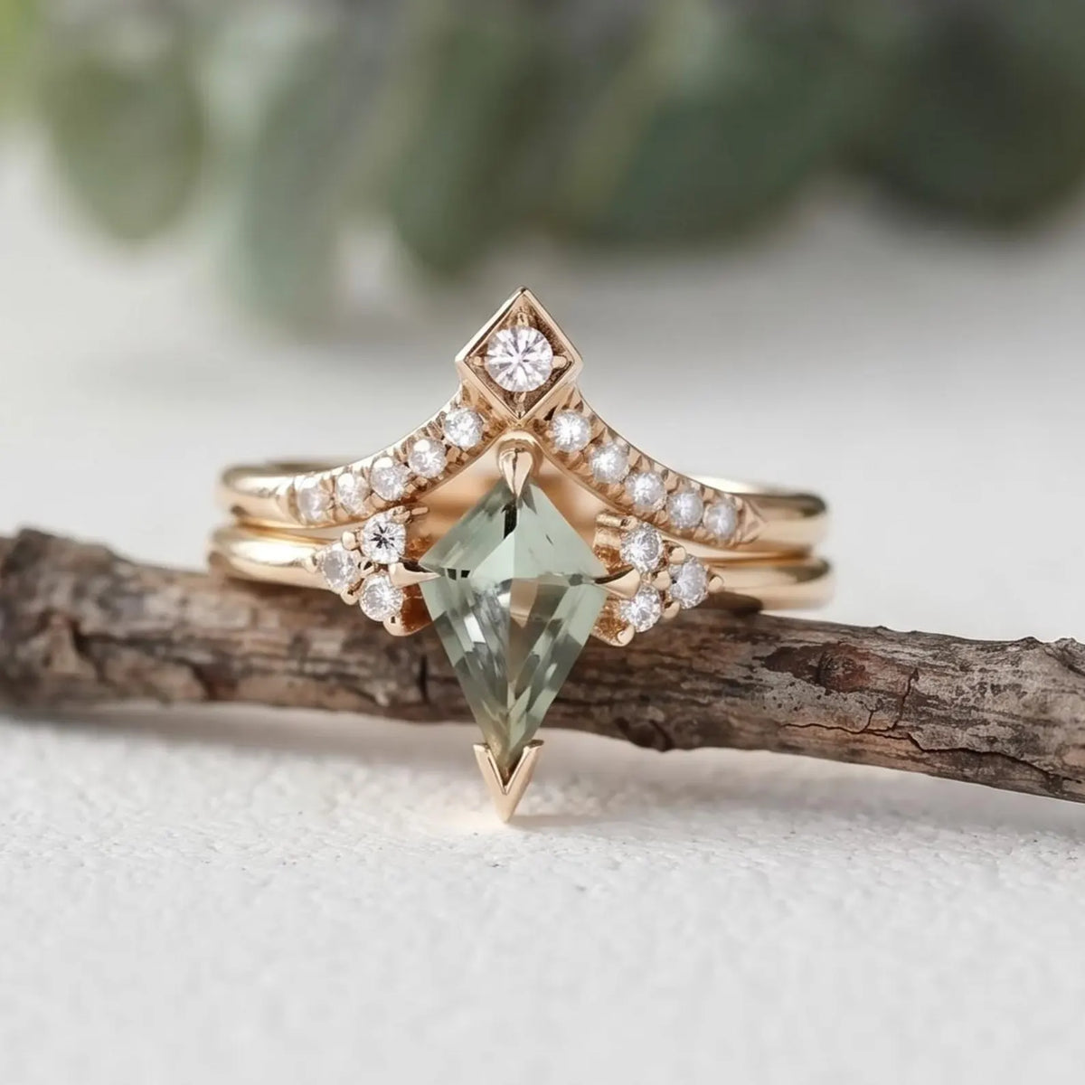Kite Green Sapphire Ring Diamond Accent Band Handmade Alternative Bridal Ring