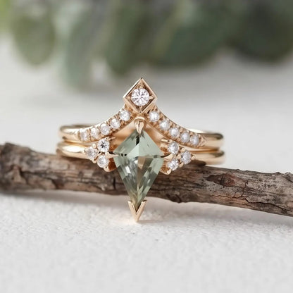 Kite Green Sapphire Ring Diamond Accent Band Handmade Alternative Bridal Ring