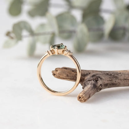 Kite Green Sapphire Ring Diamond Accent Band Handmade Alternative Bridal Ring