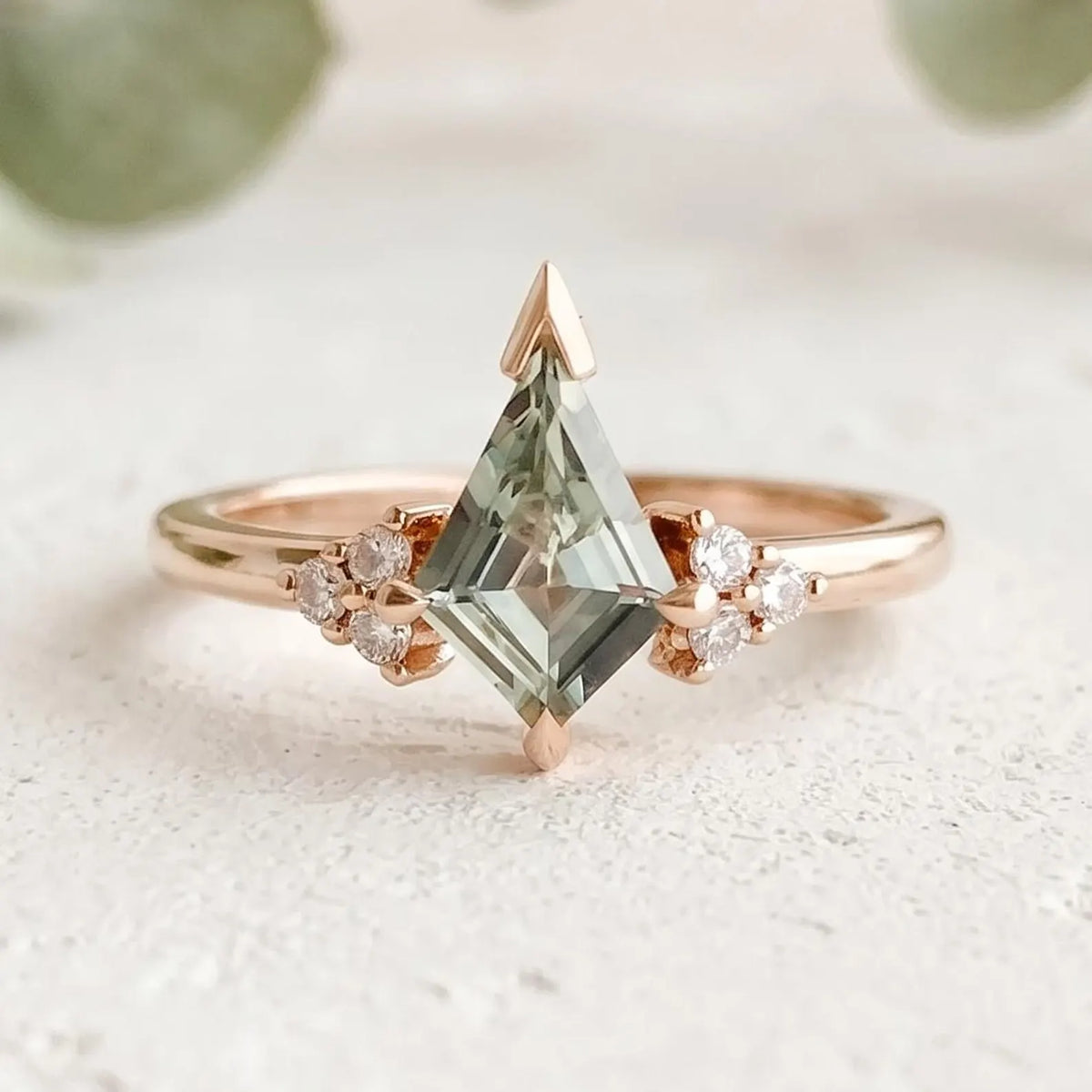 Kite Green Sapphire Ring Diamond Accent Band Handmade Alternative Bridal Ring