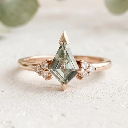 Kite Green Sapphire Ring Diamond Accent Band Handmade Alternative Bridal Ring