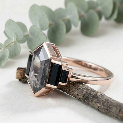 Salt and Pepper Diamond Ring with Hexagon Cut and Baguettes