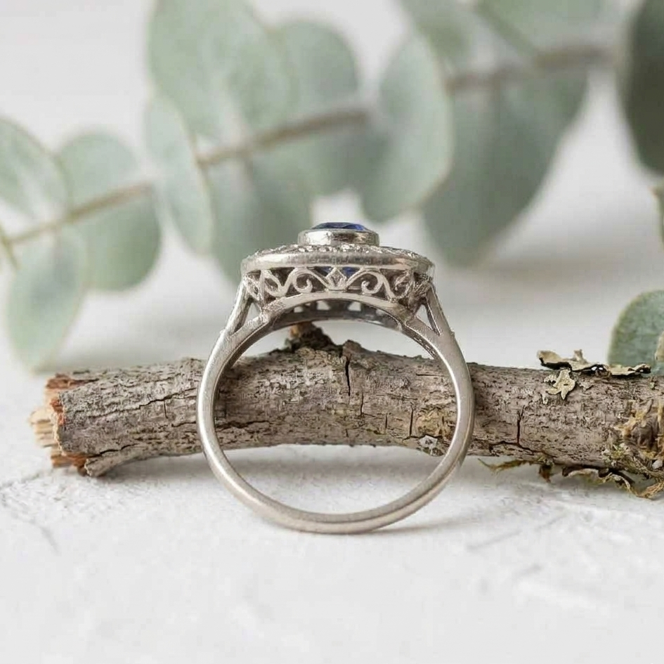 Sapphire Diamond Ring with Art Deco Square Halo Design
