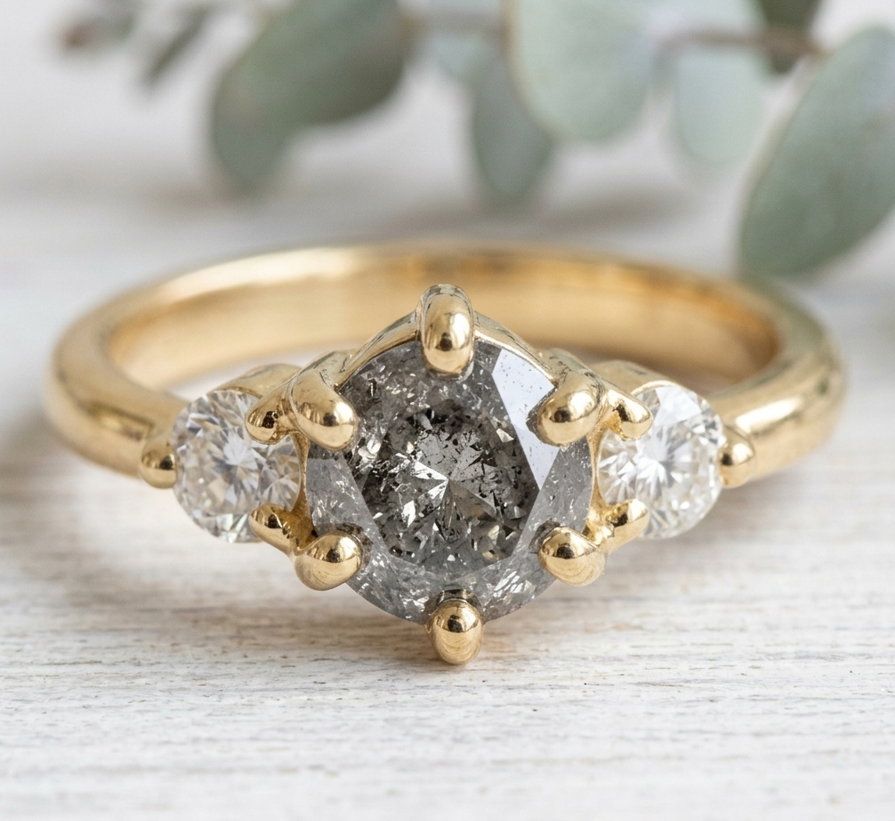 Three Stone Engagement Ring Handmade in Fine Gold