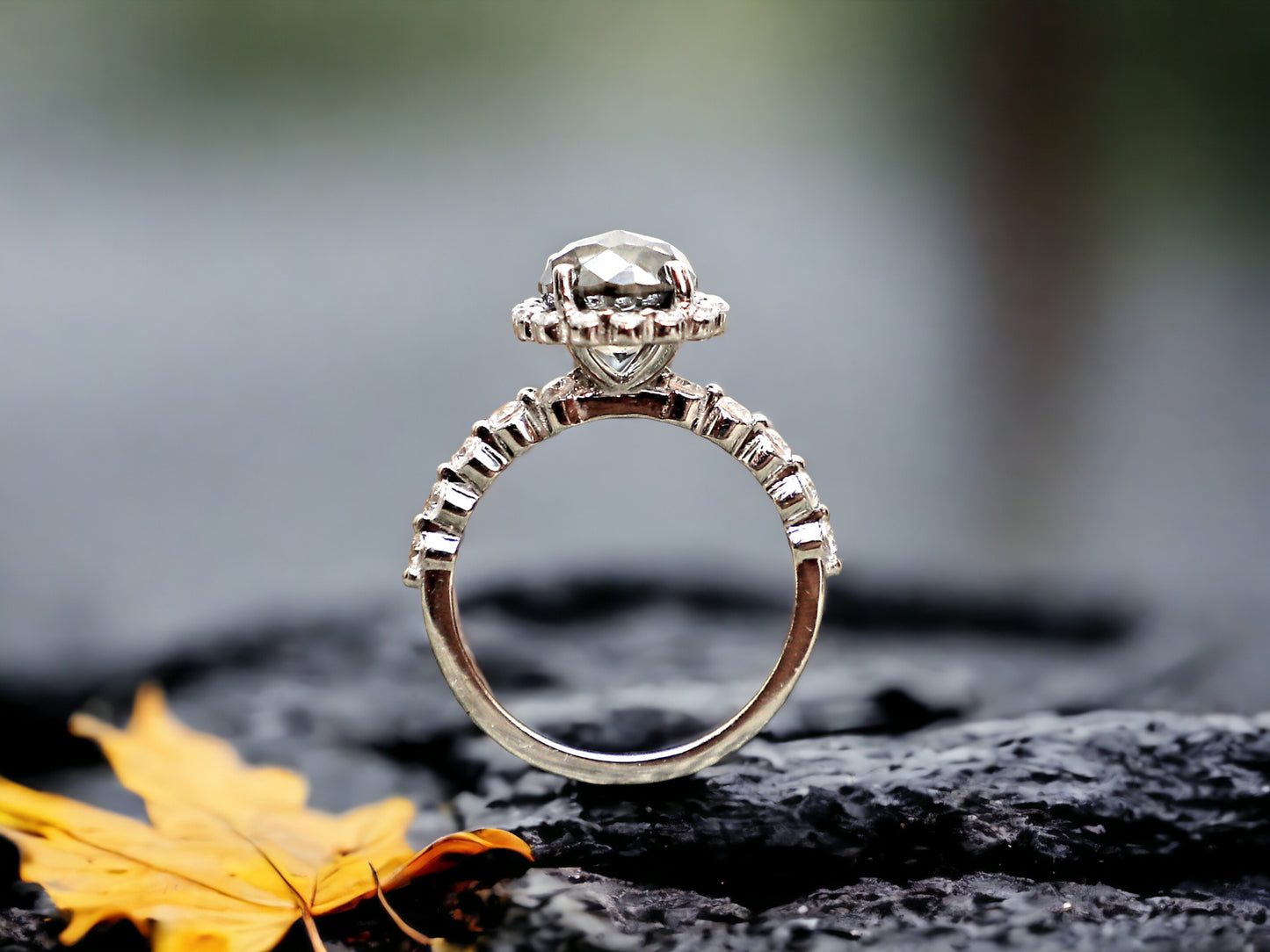 Jubilee Cut Salt and Pepper Diamond Ring featuring a 2.78 CT natural black salt and pepper diamond with galaxy-like black and white inclusions, accented by 26 round lab-grown diamonds in a handcrafted alternative engagement design with a straight 1.8 mm band and modern, elegant finish.