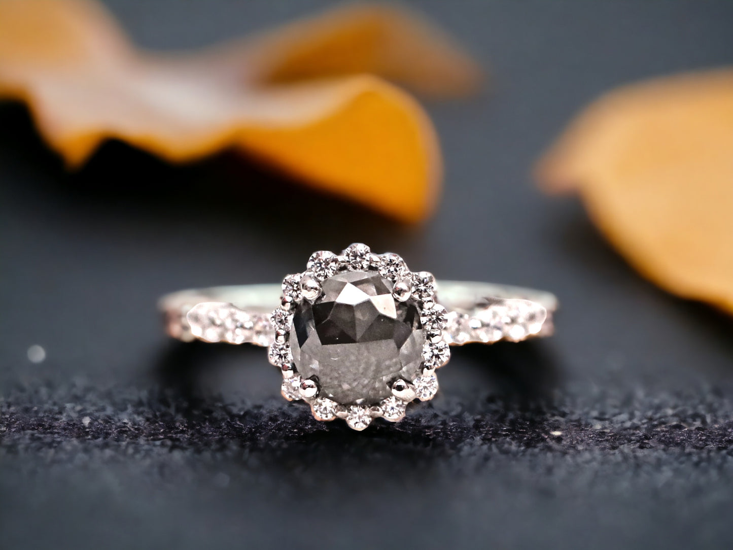Jubilee Cut Salt and Pepper Diamond Ring featuring a 2.78 CT natural black salt and pepper diamond with galaxy-like black and white inclusions, accented by 26 round lab-grown diamonds in a handcrafted alternative engagement design with a straight 1.8 mm band and modern, elegant finish.