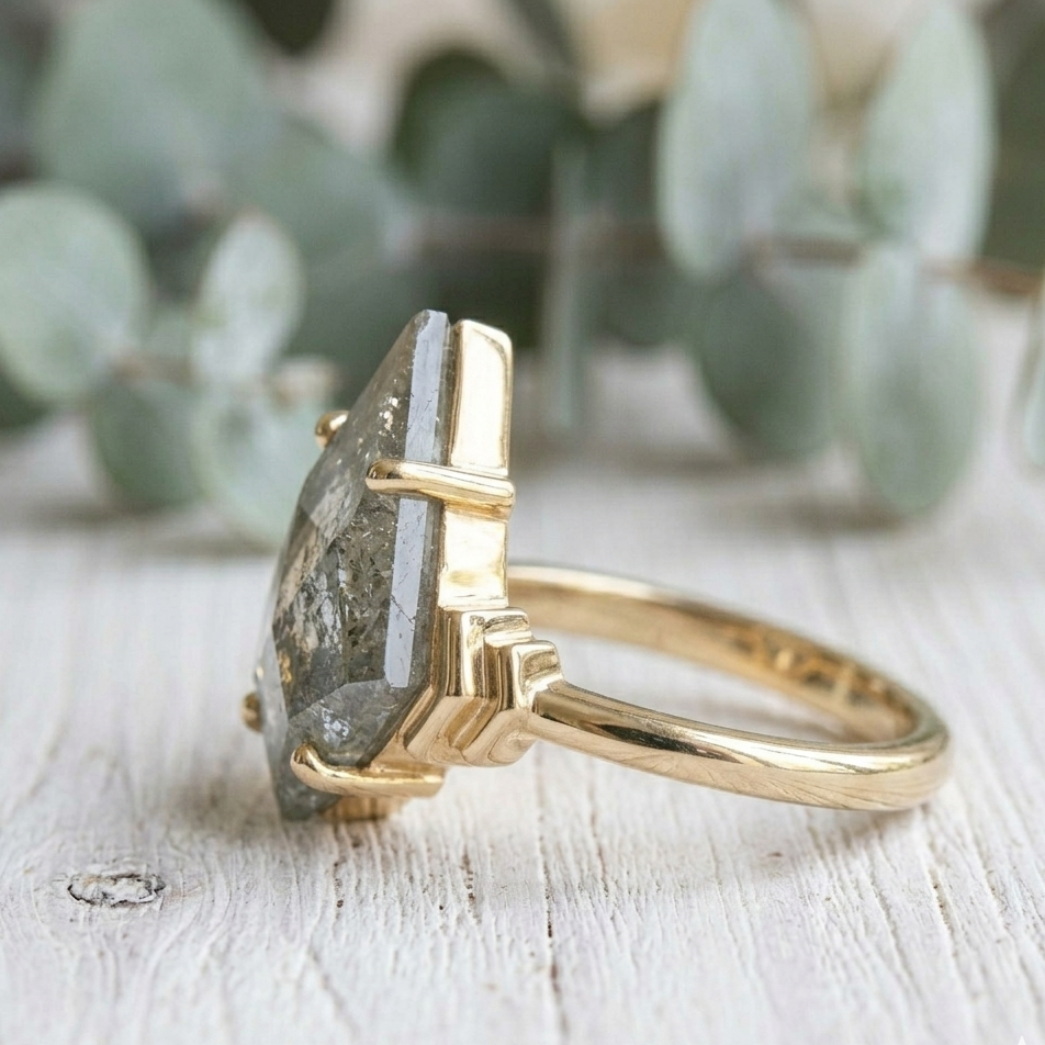 Kite Cut Diamond Ring featuring a 3.75 CT natural salt and pepper diamond with galaxy-like inclusions in a handmade contemporary setting with a straight shank and ultra-slim 1.20 mm band, designed as an alternative engagement ring.