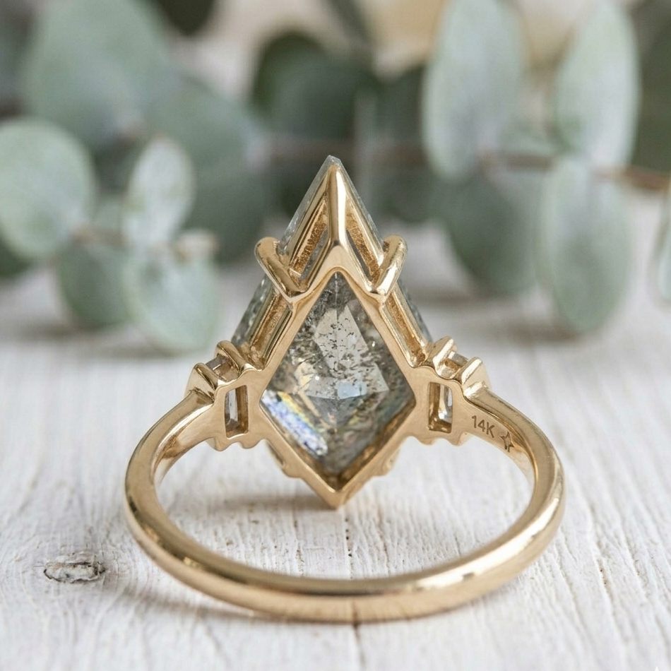 Kite Cut Diamond Ring featuring a 3.75 CT natural salt and pepper diamond with galaxy-like inclusions in a handmade contemporary setting with a straight shank and ultra-slim 1.20 mm band, designed as an alternative engagement ring.
