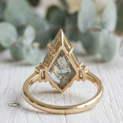 Kite Cut Diamond Ring featuring a 3.75 CT natural salt and pepper diamond with galaxy-like inclusions in a handmade contemporary setting with a straight shank and ultra-slim 1.20 mm band, designed as an alternative engagement ring.