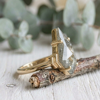 Kite Cut Diamond Ring featuring a 3.75 CT natural salt and pepper diamond with galaxy-like inclusions in a handmade contemporary setting with a straight shank and ultra-slim 1.20 mm band, designed as an alternative engagement ring.