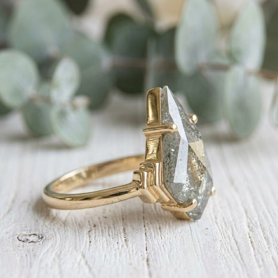 Kite Cut Diamond Ring featuring a 3.75 CT natural salt and pepper diamond with galaxy-like inclusions in a handmade contemporary setting with a straight shank and ultra-slim 1.20 mm band, designed as an alternative engagement ring.