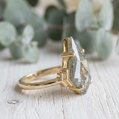 Kite Cut Diamond Ring featuring a 3.75 CT natural salt and pepper diamond with galaxy-like inclusions in a handmade contemporary setting with a straight shank and ultra-slim 1.20 mm band, designed as an alternative engagement ring.
