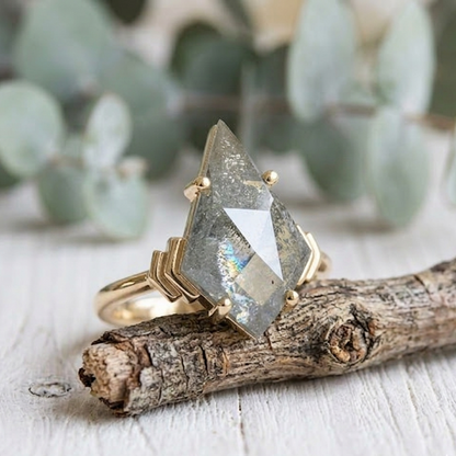 Kite Cut Diamond Ring featuring a 3.75 CT natural salt and pepper diamond with galaxy-like inclusions in a handmade contemporary setting with a straight shank and ultra-slim 1.20 mm band, designed as an alternative engagement ring.
