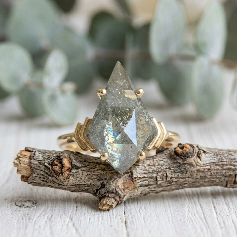 Kite Cut Diamond Ring featuring a 3.75 CT natural salt and pepper diamond with galaxy-like inclusions in a handmade contemporary setting with a straight shank and ultra-slim 1.20 mm band, designed as an alternative engagement ring.