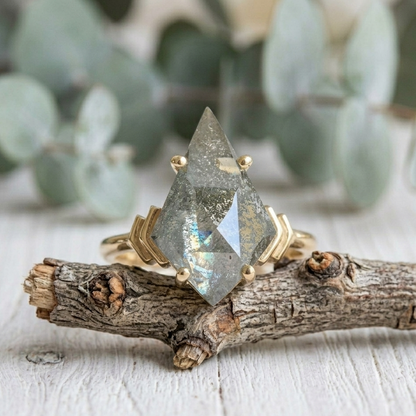 Kite Cut Diamond Ring featuring a 3.75 CT natural salt and pepper diamond with galaxy-like inclusions in a handmade contemporary setting with a straight shank and ultra-slim 1.20 mm band, designed as an alternative engagement ring.