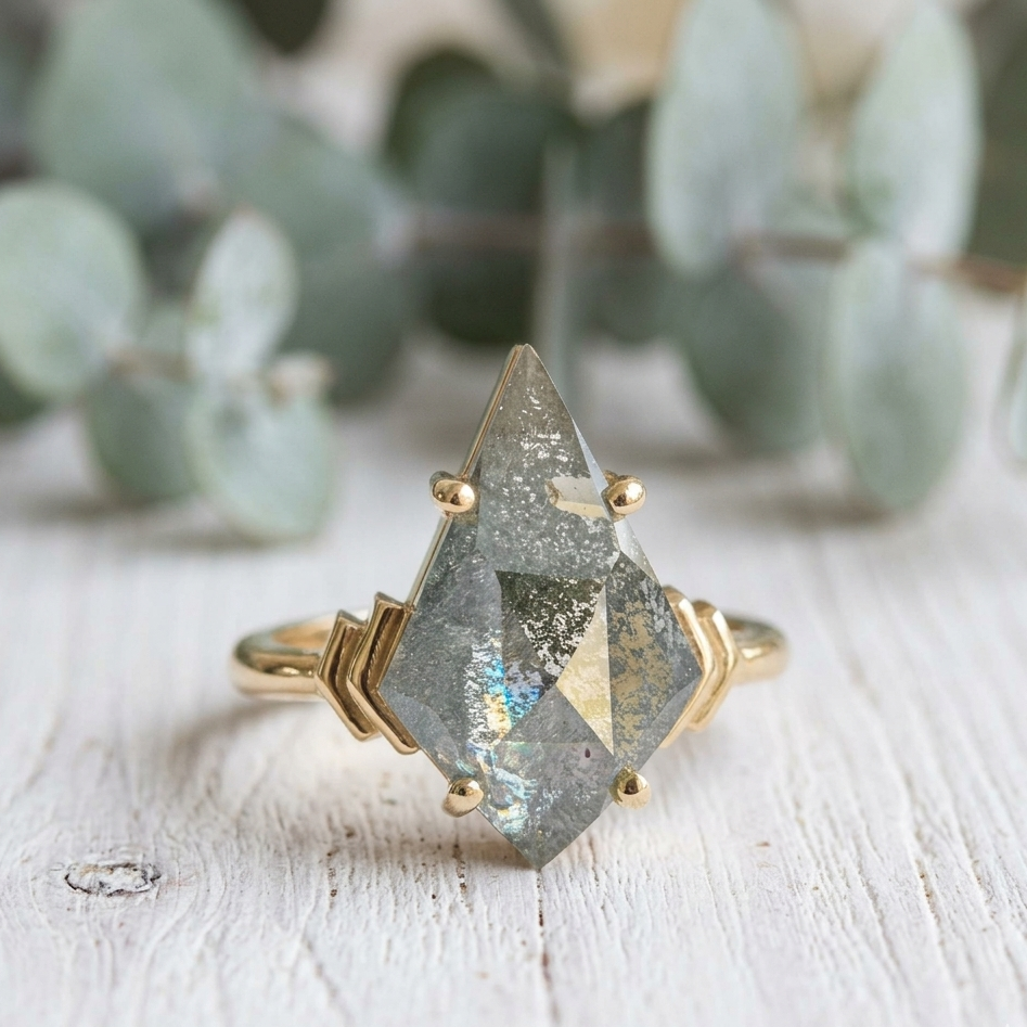 Kite Cut Diamond Ring featuring a 3.75 CT natural salt and pepper diamond with galaxy-like inclusions in a handmade contemporary setting with a straight shank and ultra-slim 1.20 mm band, designed as an alternative engagement ring.