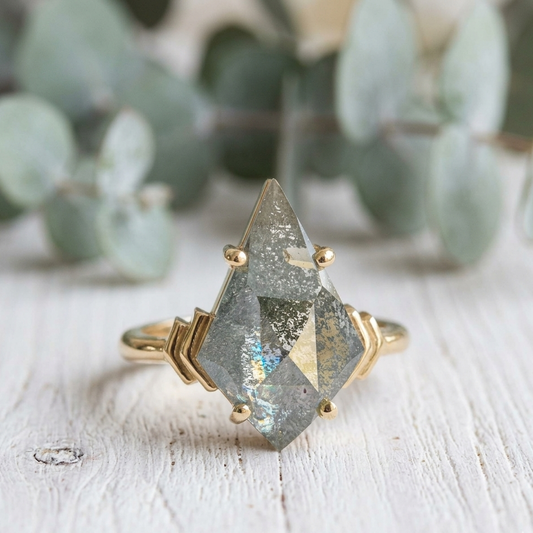 Kite Cut Diamond Ring featuring a 3.75 CT natural salt and pepper diamond with galaxy-like inclusions in a handmade contemporary setting with a straight shank and ultra-slim 1.20 mm band, designed as an alternative engagement ring.
