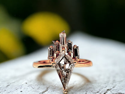 Kite Cut Salt and Pepper Diamond Ring featuring a 2.40 CT natural salt-and-pepper kite-cut diamond with galaxy-like inclusions, accented by 0.70 CT baguette-cut side stones in a minimalist geometric gold design with a straight 1.80 mm band.
