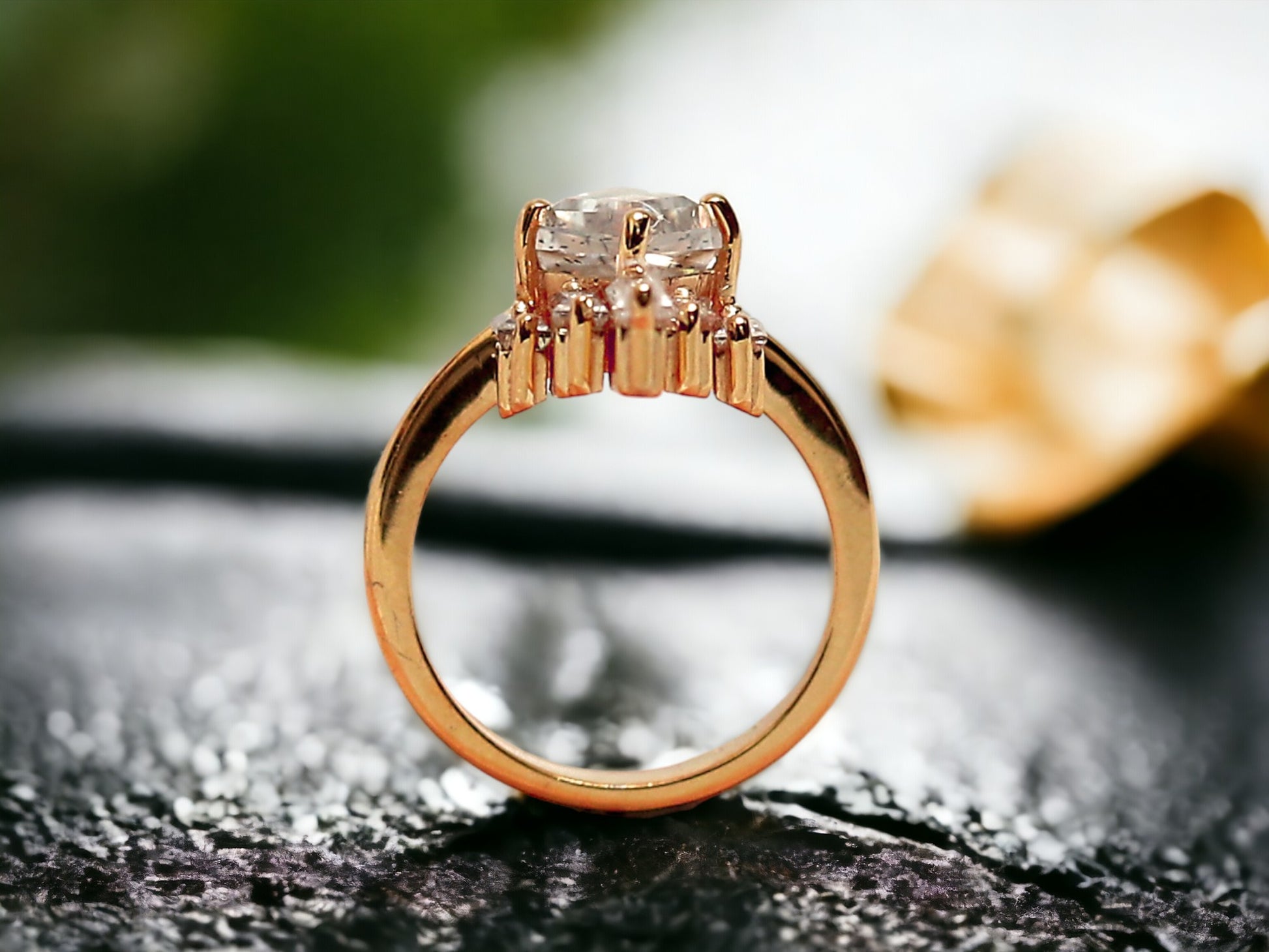 Kite Cut Salt and Pepper Diamond Ring featuring a 2.40 CT natural salt-and-pepper kite-cut diamond with galaxy-like inclusions, accented by 0.70 CT baguette-cut side stones in a minimalist geometric gold design with a straight 1.80 mm band.