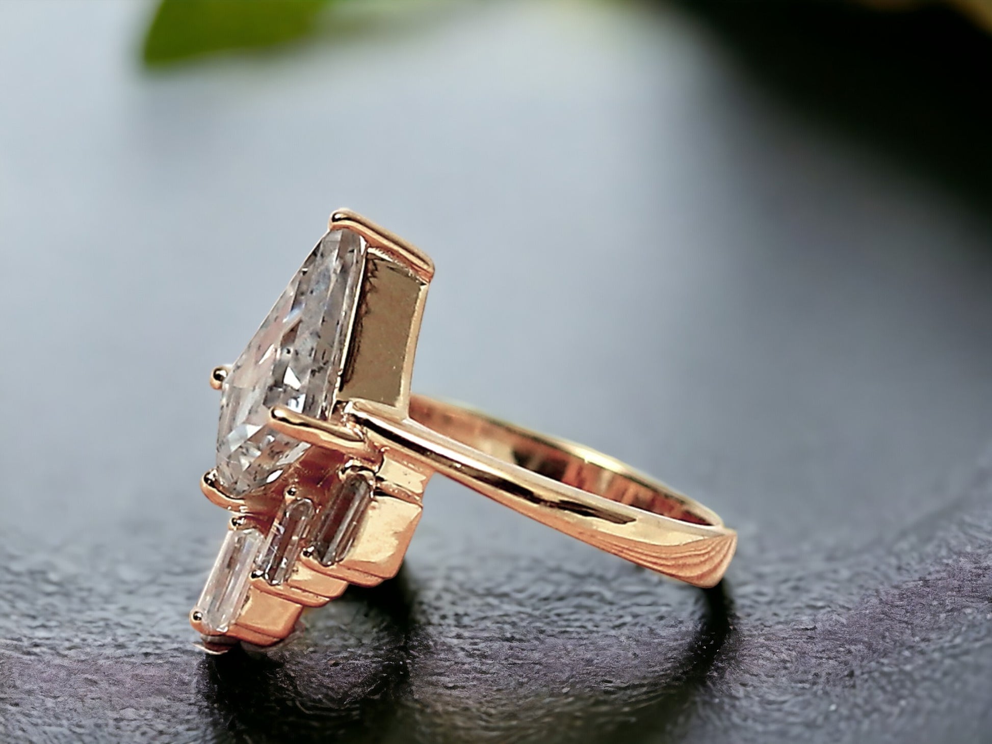 Kite Cut Salt and Pepper Diamond Ring featuring a 2.40 CT natural salt-and-pepper kite-cut diamond with galaxy-like inclusions, accented by 0.70 CT baguette-cut side stones in a minimalist geometric gold design with a straight 1.80 mm band.