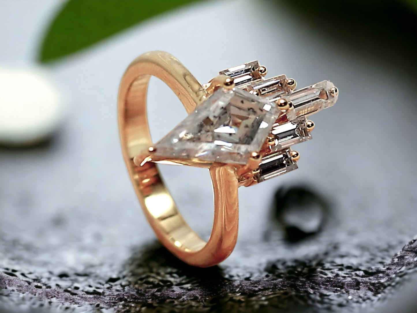 Kite Cut Salt and Pepper Diamond Ring featuring a 2.40 CT natural salt-and-pepper kite-cut diamond with galaxy-like inclusions, accented by 0.70 CT baguette-cut side stones in a minimalist geometric gold design with a straight 1.80 mm band.