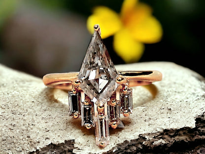 Kite Cut Salt and Pepper Diamond Ring featuring a 2.40 CT natural salt-and-pepper kite-cut diamond with galaxy-like inclusions, accented by 0.70 CT baguette-cut side stones in a minimalist geometric gold design with a straight 1.80 mm band.