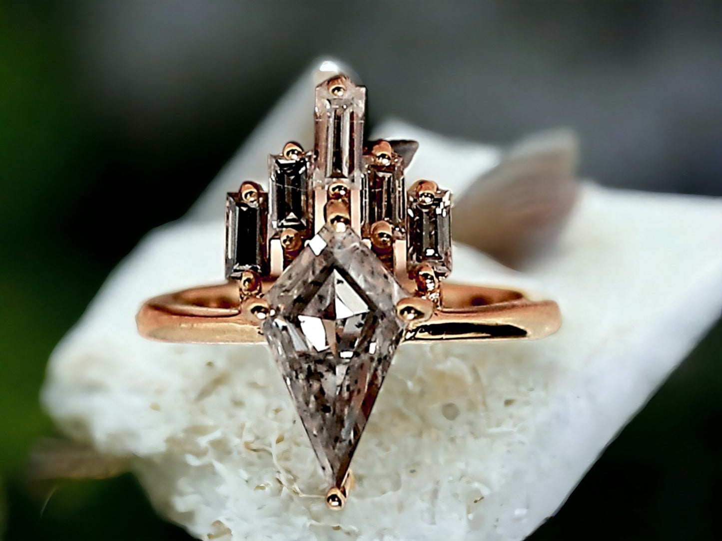 Kite Cut Salt and Pepper Diamond Ring featuring a 2.40 CT natural salt-and-pepper kite-cut diamond with galaxy-like inclusions, accented by 0.70 CT baguette-cut side stones in a minimalist geometric gold design with a straight 1.80 mm band.