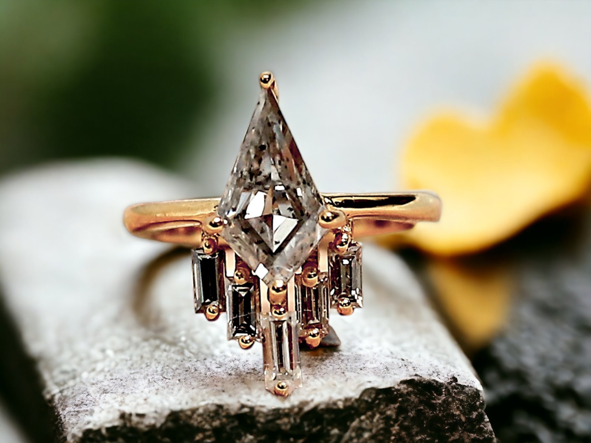 Kite Cut Salt and Pepper Diamond Ring featuring a 2.40 CT natural salt-and-pepper kite-cut diamond with galaxy-like inclusions, accented by 0.70 CT baguette-cut side stones in a minimalist geometric gold design with a straight 1.80 mm band.